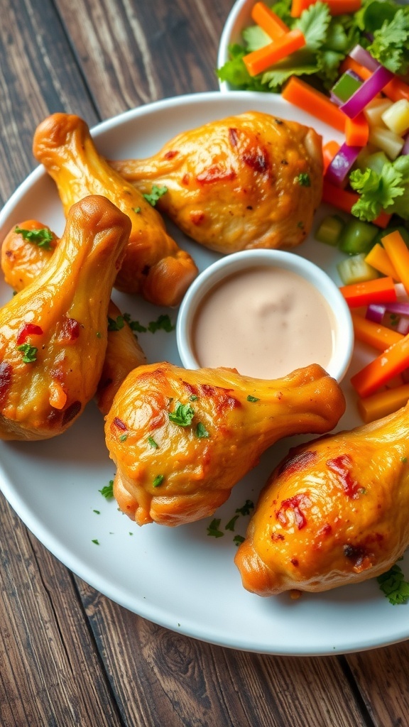 Crispy baked chicken drumsticks on a plate with fresh herbs and dipping sauce.